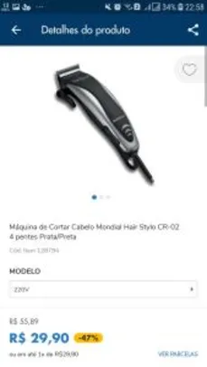 Máquina de Cortar Cabelo Mondial Hair Stylo CR-02 4 pentes Prata/Preta - R$30