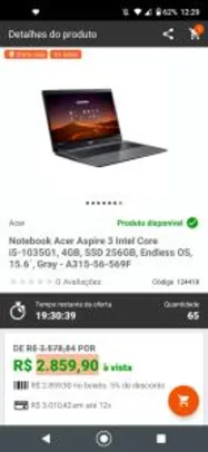 Notebook Acer Aspire 3 Intel Core i5-1035G1, 4GB, SSD 256GB, Endless OS, 15.6´, Gray - A315-56-569F