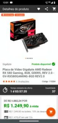 Placa de Vídeo Gigabyte AMD Radeon RX 580 Gaming, 8GB | R$1.250