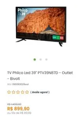 TV Philco Led 39" PTV39N87D - Outlet - Bivolt R$809