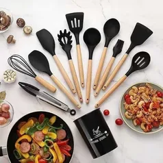 Jogo De Cozinha Kit C/12 Peças De Premium Silicone Utensílios E Copo Suporte Para Cabo De Madeira  #Shopee ⚡️