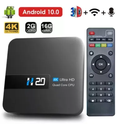 H20 Smart Android TV Box, Android 10.0, 2GB, 16GB, Assistente de voz 4K HD