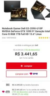 Notebook Gamer Dell G3-3590-U10P [AME R$: 3.139,57] NVIDIA GeForce GTX 1050