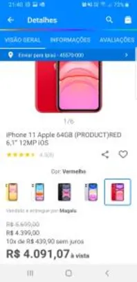iPhone 11 Apple 64GB (PRODUCT)RED 6,1” - R$3941
