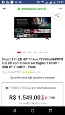 [Cartão Americanas] Smart TV LED 49" Philco PTV49e68dSWN Full HD 3 HDMI 1 USB Wi-Fi 60Hz - R$1.547