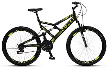 Colli Bike, Bicicleta GPS 148 Dupla Suspensão e Freios V-Brake, Aro 26 Aero, 36 Raias, 21 Marchas, Preto Fosco e Amarelo Neon