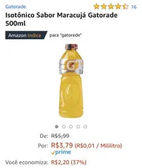 [PRIME] Isotônico Sabor Maracujá Gatorade 500ml | R$ 1,89