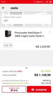 [CC Americanas+APP] Processador Amd Ryzen 5 3600 3.6ghz Cache 32mb Yd3600bbafbox | R$899