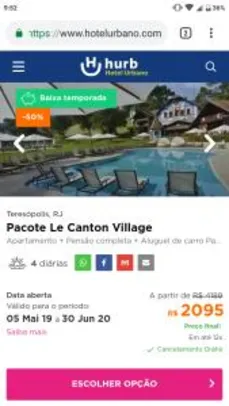 Pacote Le Canton Village, Teresópolis, RJ - Aéreo + hotel com pensão completa + aluguel de carro - 4 diárias - a partir de R$2044