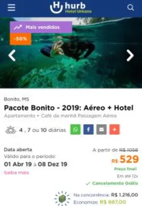 Pacote Bonito - 2019: Aéreo + Hotel POR R$ 529