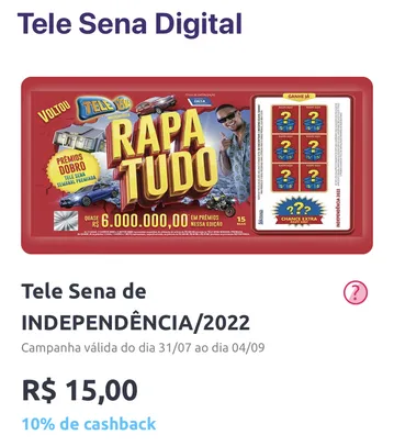 [AME] Tele sena digital com 10% de cashback