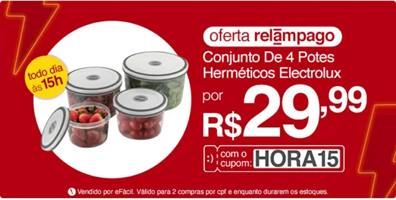 [APP] Conjunto de Potes Herméticos Electrolux - 4 unidades | R$30