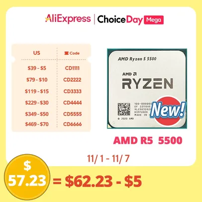 [Taxas inclusas][AMD-CPU]Processador Ryzen 5 5500 R5 5500 3,6 GHz com 6 núcleos e 12 thread, 7NM, L3 = 16M, soquete 100 AM4, novo sem fan