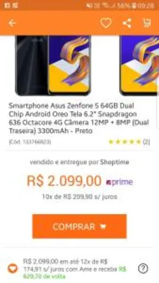 Zenfone 5 64GB- R$ 2.099,00  (524,75 de Cashback no AME)