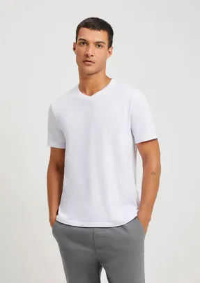 Camiseta Básica Masculina Slim Gola V Em Malha Flamê - Branco