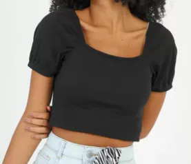 Blusa Cropped Feminina Canelada Manga Curta Bufante Marisa