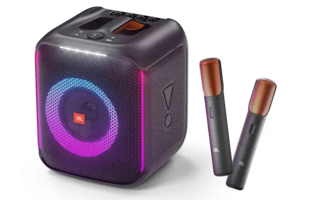 Caixa De Som JBL Bluetooth Partybox Encore, Show de Luzes, Com 2 Microfones Sem Fio, IPX4, 100W