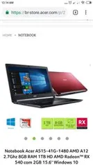 Notebook Acer A515-41G-1480 AMD A12 2.7Ghz 8GB RAM 1TB HD AMD Radeon RX 540 de 2GB 15.6" Windows 10