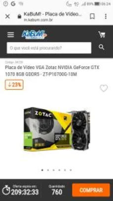 Placa de Vídeo VGA Zotac NVIDIA GeForce GTX 1070 8GB GDDR5 - ZT-P10700G-10M - R$1600