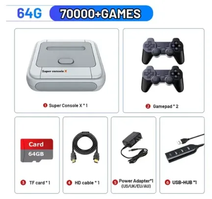 [Taxa inclusa/moedas] KINHANK Super Console X 64GB Caixa de Videogame Retro com Controladores, Suporta 70000 Jogos