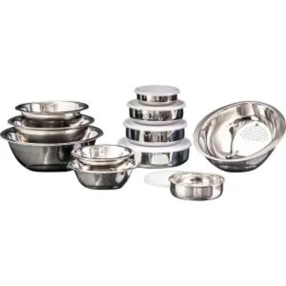 Conjunto de Pote 5 Peças Inox com tampa + Conjunto de Tigelas 5 Peças Inox + Escorredor de Arroz Inox 26cm - La Cuisine - R$63