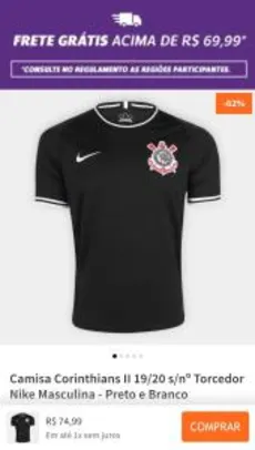 Camisa Corinthians II 19/20 s/nº Torcedor Nike Masculina - Preto e Branco - (P) - R$75