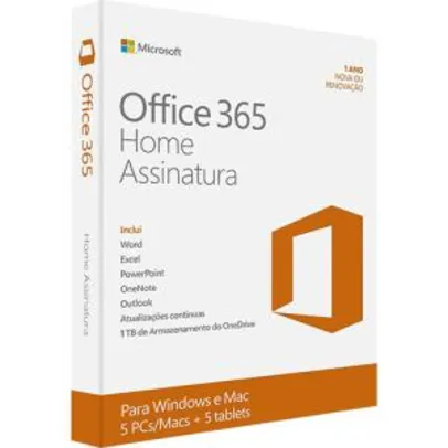 Microsoft Office 365 Home: 5 Licenças (PC, Mac, Android e IOS) + 1 TB de HD virtual para cada licença - R$79,00