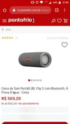 Caixa de Som Portátil JBL Flip 5 com Bluetooth, À Prova D'água - Cinza R$503