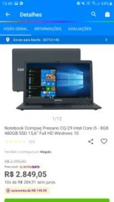 [Cliente Ouro] Notebook Compaq Presario CQ-29 Intel Core i5 - 8GB 480GB SSD 15,6” Full HD Windows 10 - R$2699