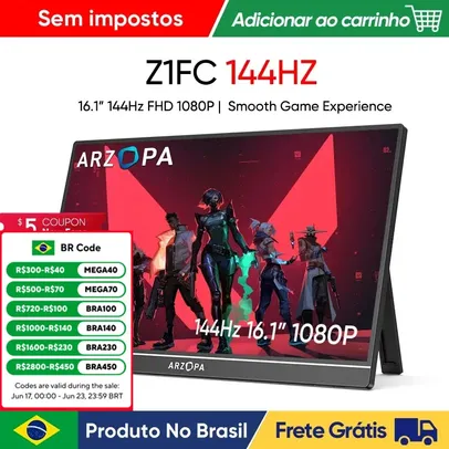 [Do Brasil] Novo ARZOPA 16.1 polegada 100% sRGB 144Hz Monitor de Jogos Portátil Display Laptop