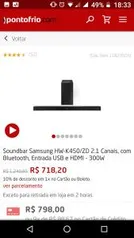 Soundbar Samsung HW-K450/ZD 2.1 Canais, com Bluetooth, Entrada USB e HDMI - 300W - R$718