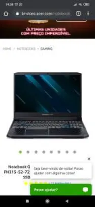 Notebook Gamer Acer Predator Helios 300 PH315-52-7210 RTX2060 Tela 144hz Ci7 16GB SSD 256GB HD 2TB Win10