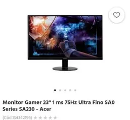 Monitor Gamer 23'' 1 ms 75Hz Ultra Fino SA0 Series SA230 - Acer | R$570