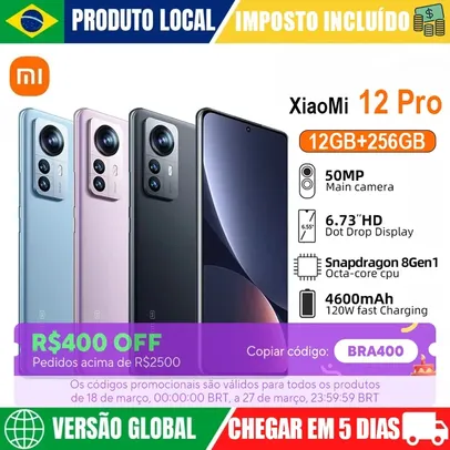 Xiaomi 12 Pro 12GB RAM 256GB ROM, Snapdragon 8 gen 1, Carregamento 120w