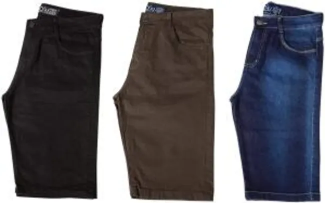 Kit com 3 Bermudas Masculinas Sarja Jeans - Preta, Jeans Claro e Jeans Escuro