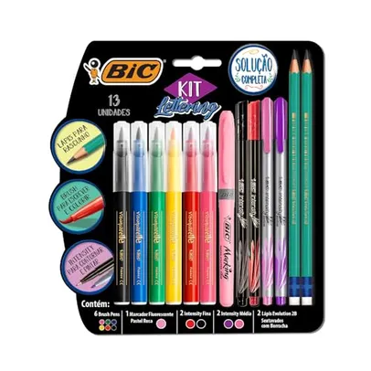 [ PRIME ] Kit Lettering BIC 6 Brush Pens + 1 Pincel Marcador Pastel Rosa + 2 Intensity Ponta Fina + 2 Intensiy Ponta Média + 2 Lápis Pretos 971080 