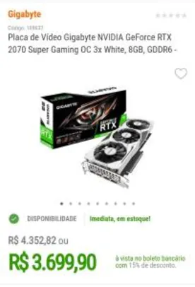 Placa de Vídeo Gigabyte NVIDIA GeForce RTX 2070 Super Gaming OC 3x White, 8GB, GDDR6