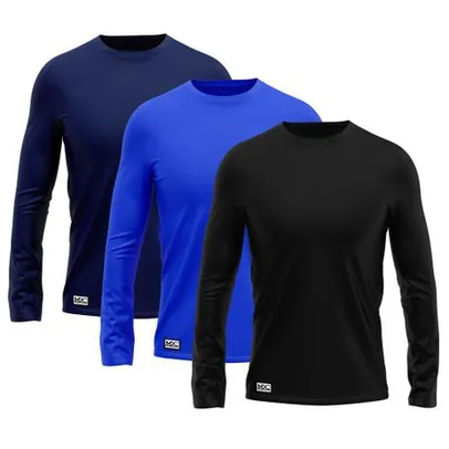 Kit com 3 Camisetas Camisas MXC BRASIL Manga Longa Lisa Proteção Solar UV +50 Preta Azul Royal Marin