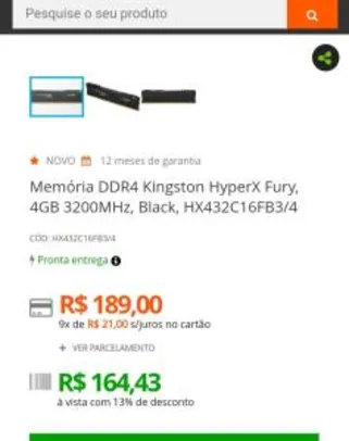 Memória DDR4 Kingston HyperX Fury, 4GB - R$164