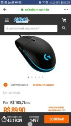 Mouse Gamer Logitech G203 Prodigy RGB 8000DPI - R$90