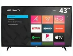 AOC Roku TV Smart TV LED 43” 43S5195/78 com Wi-fi, Controle Remoto com Atalhos, Roku Mobile, Miracast, Entradas HDMI e USB