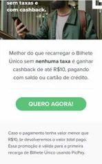 R$10 de cashback na primeira recarga Bilhete Único