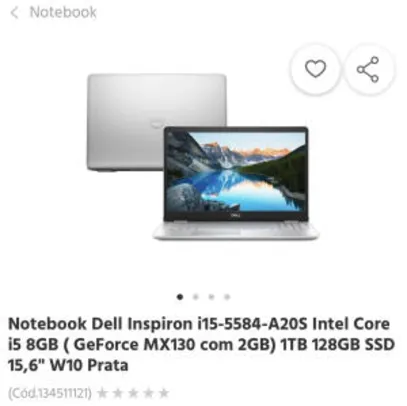 Dell Inspiron i15-5584-A20S *Core i5-8265U | RAM 8GB | Geforce MX130 | R$2703