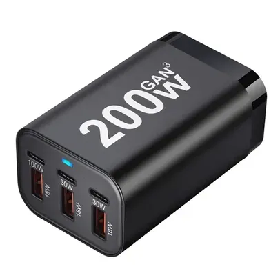 [TX inclusa] USB C Carregador 200W - 6 portas GaN de Carregamento Rápido, Adaptador de Energia para iPhone, Samsung Galaxy 