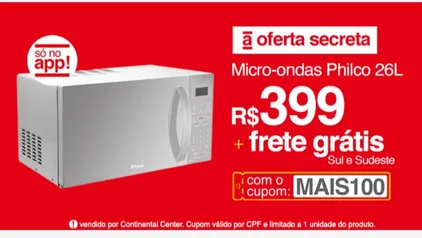 [APP] Micro-ondas Philco 26 Litros Branco Espelhado PMO26EB | R$399