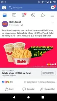 [Bob's Fã] Batata frita mega + 2 Milks P ou 2 refis de refri por R$14,50