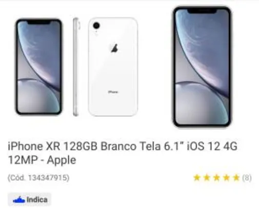 [AME R$ 2956,03] iPhone XR 128GB Branco Tela 6.1” iOS 12 4G 12MP - Apple