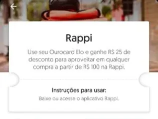 R$25,00 OFF na Rappi com Ourocard Elo