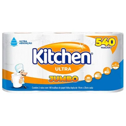 Toalha de Papel Kitchen Folha Dupla Ultra Jumbo - 3 Rolos com 180 toalhas cada