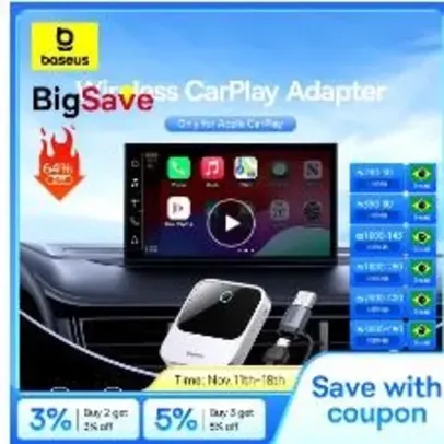 [Taxa inclusa] Adaptador Para Apple Car Play BASEUS com Wireless, Plug and Play para Conexão de iPhone sem Fio no Carro